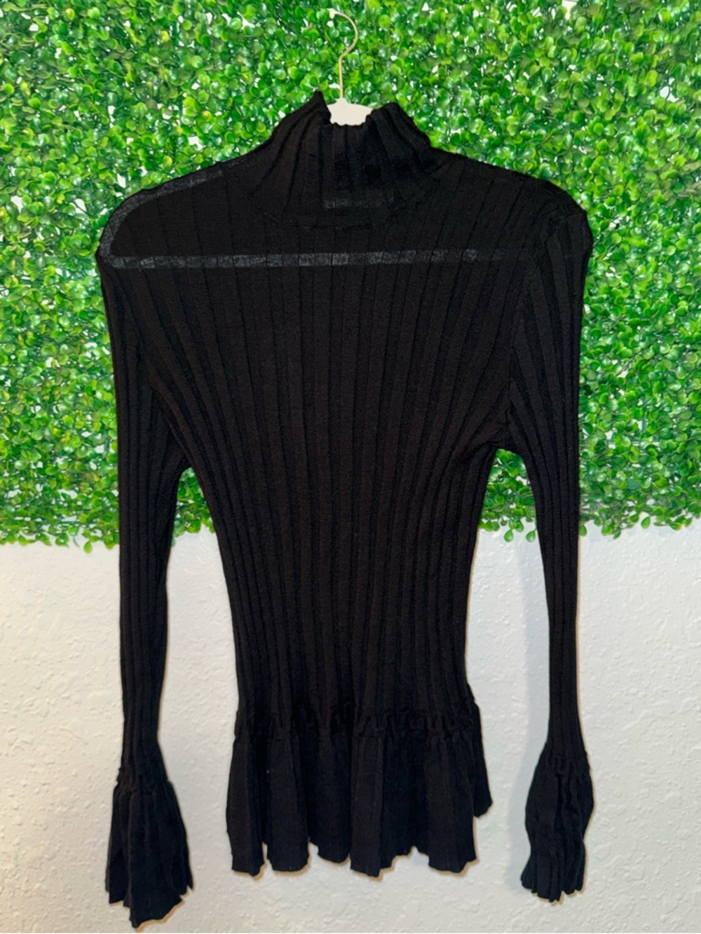 Tory Burch Black Ribbed Mock Neck Black Sweater Flare Bell Sleeves Size Small
